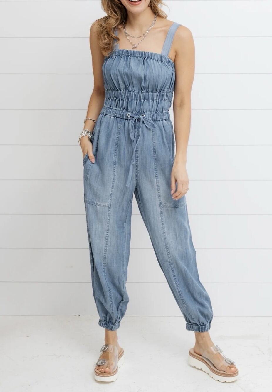 Elan Tenny The Tencel Jumpsuit Blue Women's Medium Pockets Drawstring